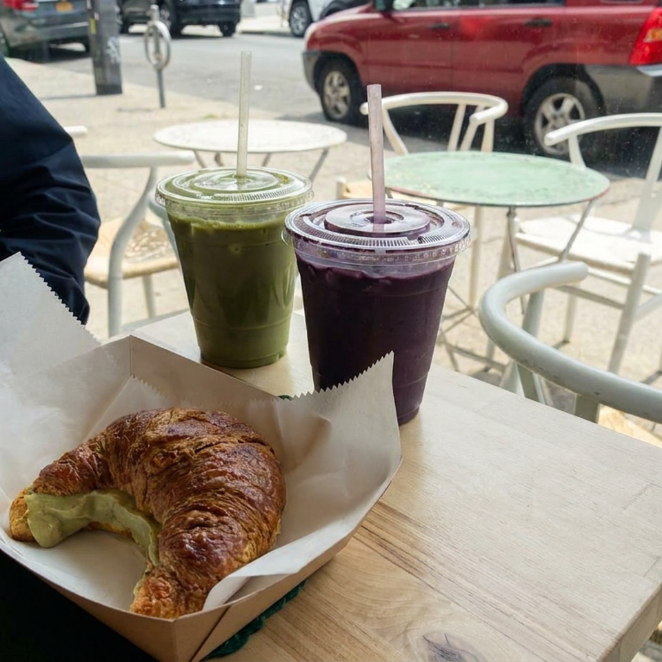 Croissant and two iced drinks on a café table beside outdoor seating and a city street.