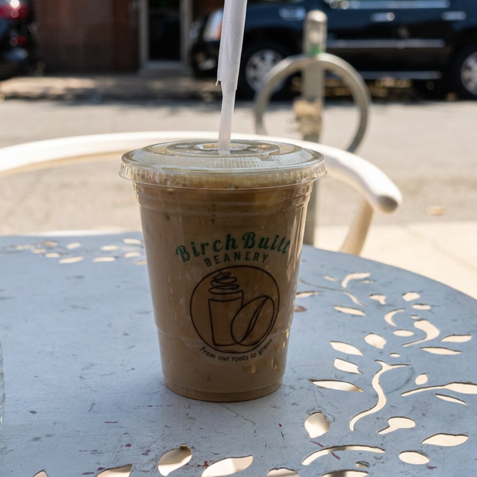Iced coffee from Birch Builts Beanery and a Poland Spring water bottle sit on an outdoor metal café table.