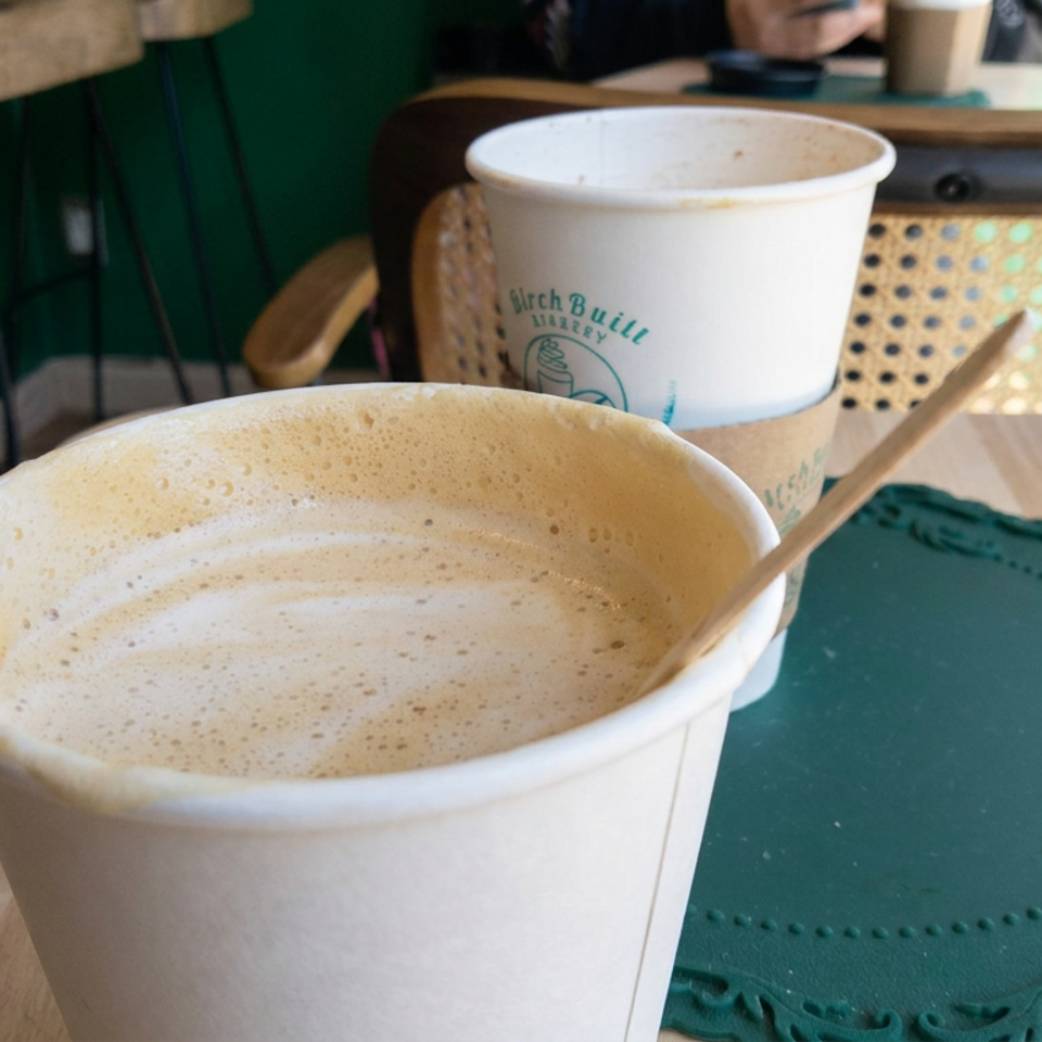 Two takeaway coffee cups sit on a wooden café table, one topped with foam and a wooden stirrer, beside a green placemat.
