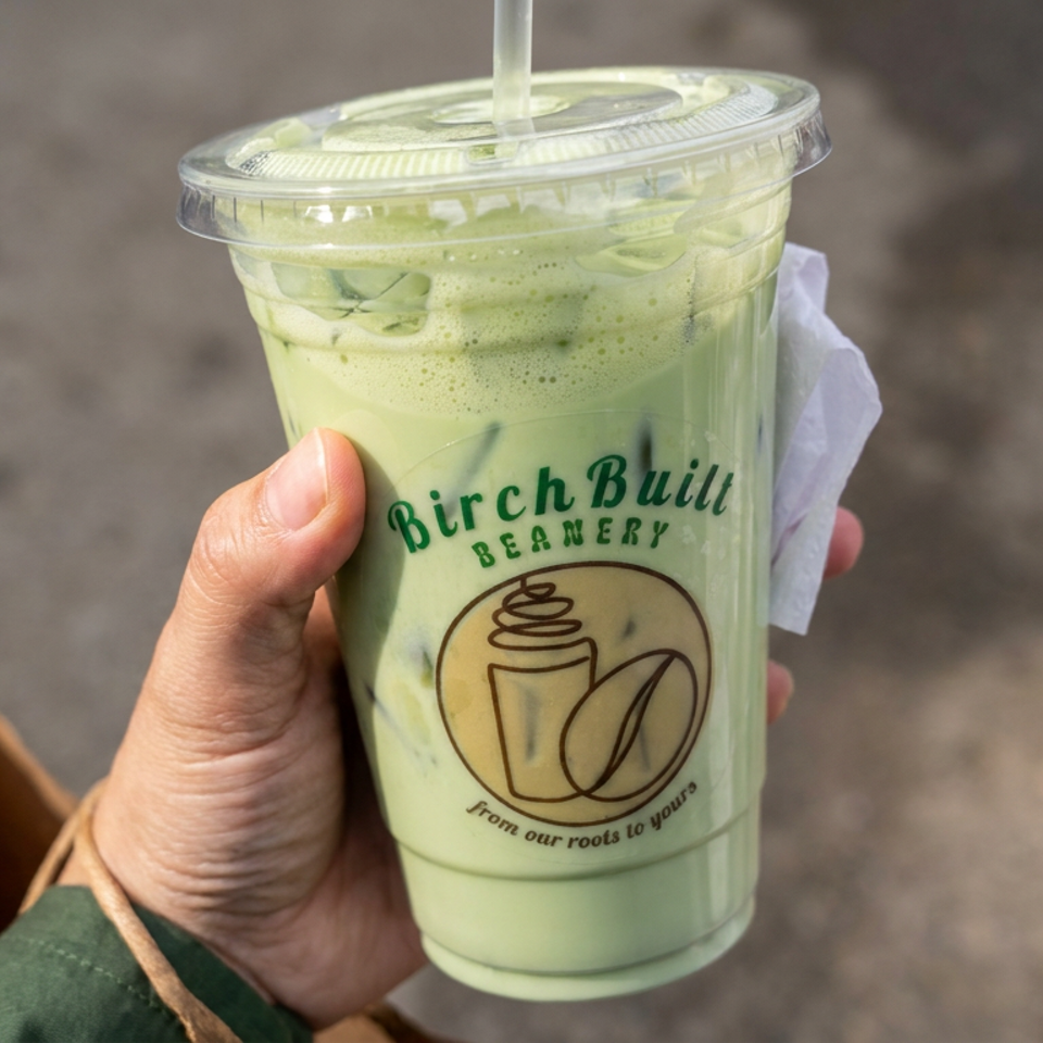 Hand holding a clear BirchBuil Coffee & Bakery cup filled with an iced green matcha drink outdoors.