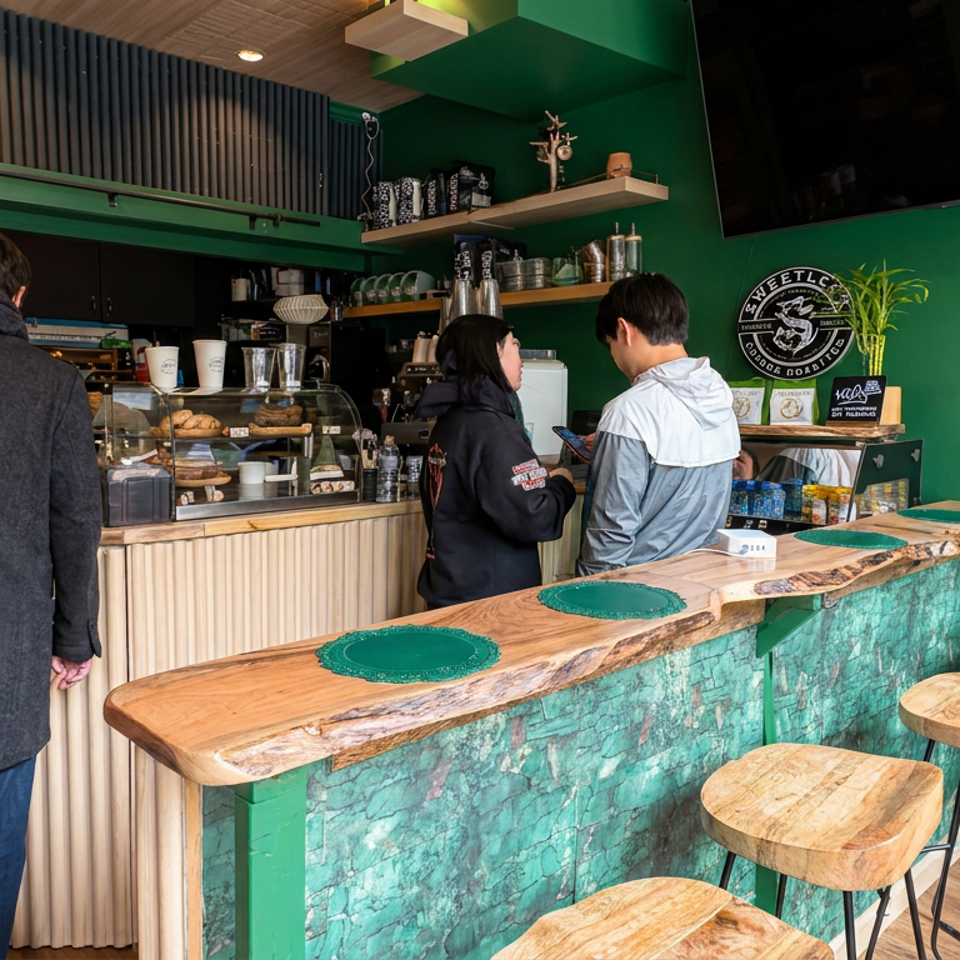 Green Vietnamese café interior with customers at the counter, pastries on display, and wooden bar seating.