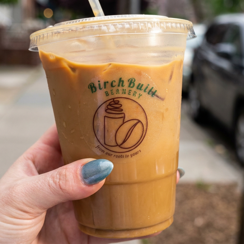 Hand holding an iced coffee in a BirchBilt Beanery cup on a sunny sidewalk beside parked cars.