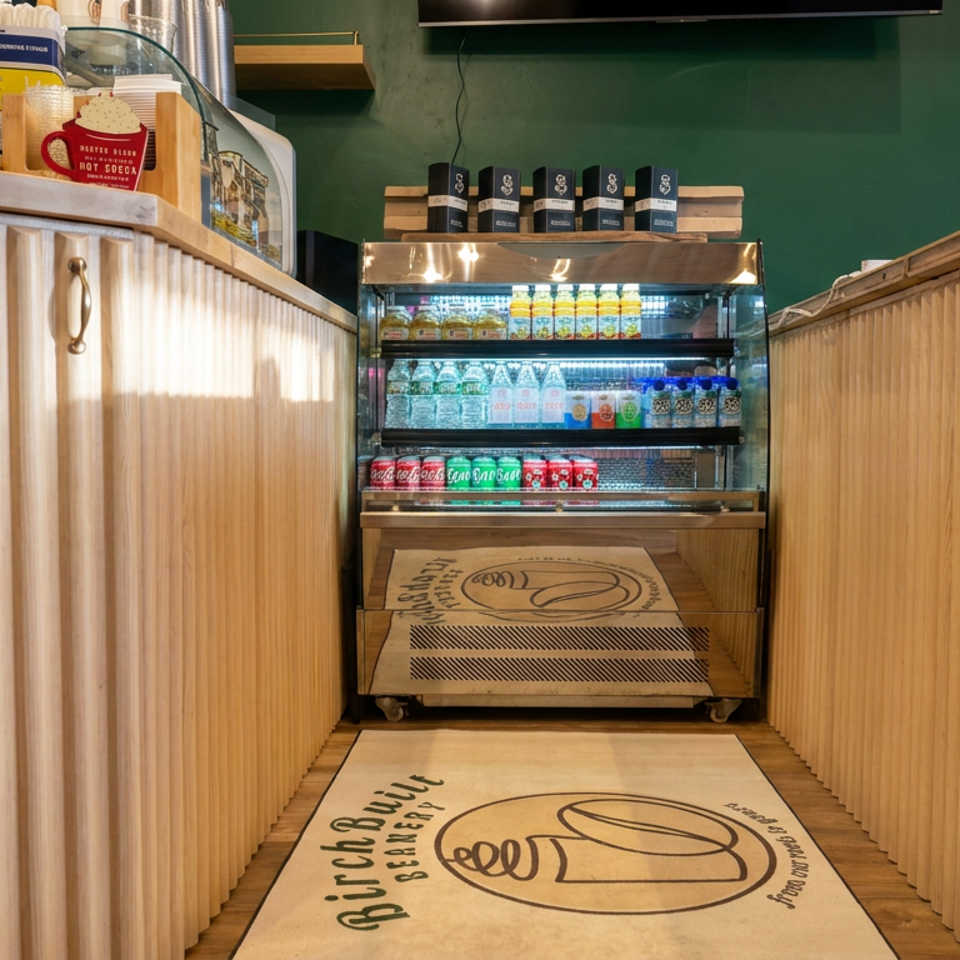 Restaurant counter aisle with a refrigerated drink case, condiments, straws, coffee supplies, and branded sandwich-making floor mats.